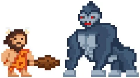 Pixelated warrior primitive man holding club fighting against gorilla, caveman Ilustración de archivo