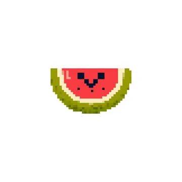 Pixelated watermelon slice icon with a smiling face. Retro pixel art of a Stock Illustration