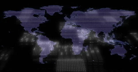 Pixelated world map glowing with purple blue dots above grid, streaming binary Video stock 307461866