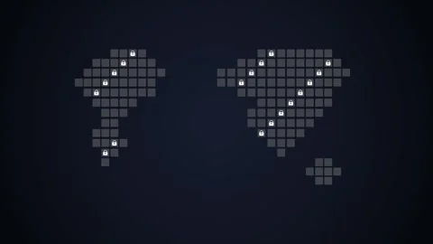 Pixelated World Map Outline with Abstract Geometric Shapes on Dark Background Stock Footage 348792064