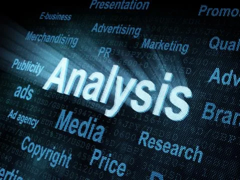 Pixeled word Analysis on digital screen Stock-Illustration