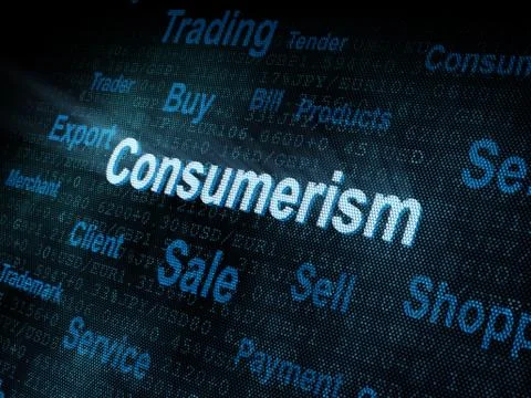 Pixeled word Consumerism on digital screen Stock-Illustration
