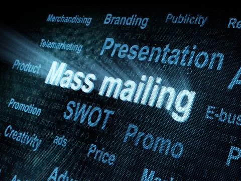 Pixeled word Mass mailing on digital screen Stock-Illustration
