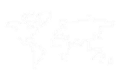 Pixelited map of World. Black outline on white background. Flat vector Stock Illustration
