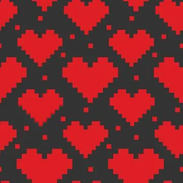Pixels red hearts on dark background Seamless pattern. Pixel Art Abstract Stock Illustration