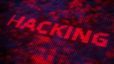Pixels on the screen compose HACKING text. 3D rendering Illustrazione stock