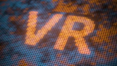 Pixels on the screen compose VR text. 3D rendering Ilustração Stock
