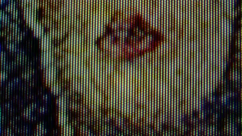 Pixels in the working old analog TV screen close up. Red, blue and green dot Stock Footage 145914350