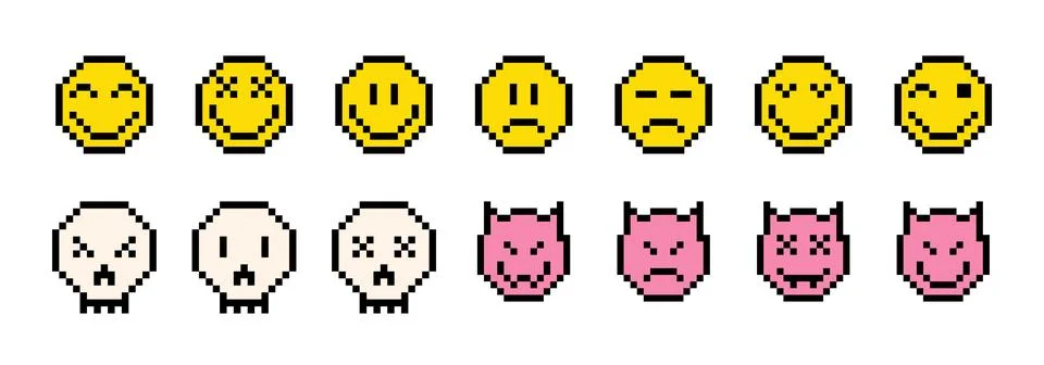Pixels Y2k funny face expression stickers set. Sad, happy angry 8-bit retro Illustrazione stock