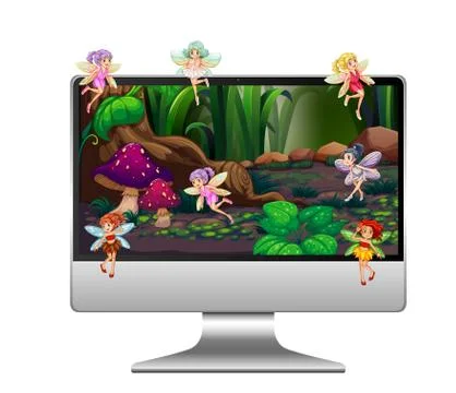 Pixie fantasy land on computer desktop Illustrazione stock