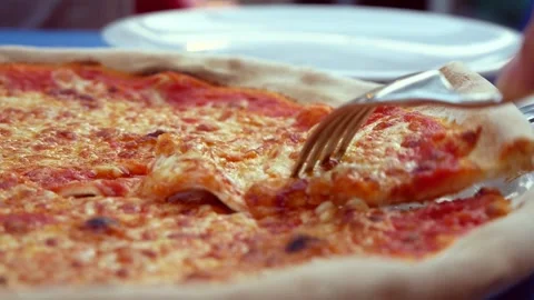 Pizza 4 Cheeses Cutting With A Knife And Fork And Transfer The Slice Stock Footage 167538041