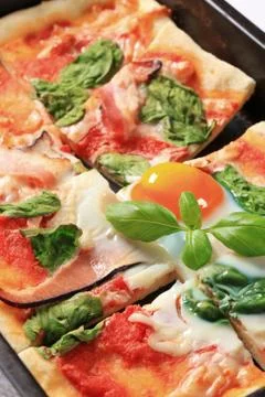 Pizza Alla Bismarck in a rectangular tray Stock Photos