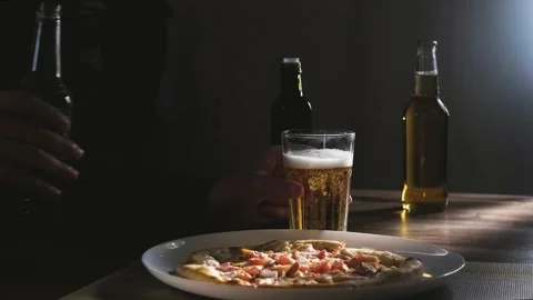 Pizza and beer. Dinner in the evening. Stock Footage 205079190