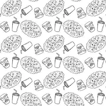 Pizza and drinks seamless pattern outline Stock Illustration