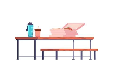 Pizza and drinks on the table with bench, vector flat recreation and lounge.. Stock Illustration