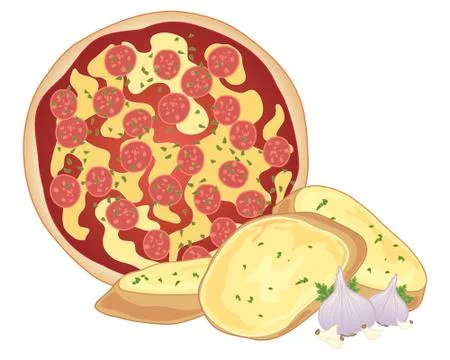 Pizza and garlic bread Illustrazione stock