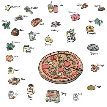 Pizza and ingredien illustration vector sketch with black lines Illustrazione stock