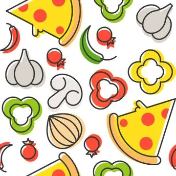 Pizza and ingredients seamless pattern, outline vector Stock Illustration