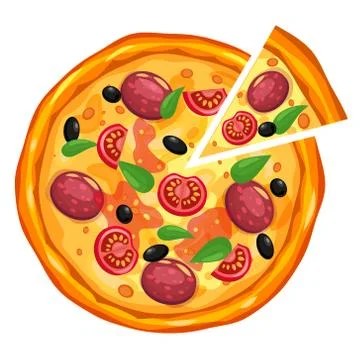 Pizza and slice triangle with different ingredients tomato, cheese, olive Stock Illustration