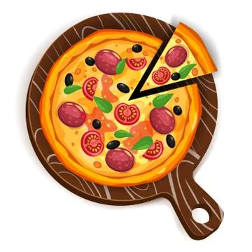 Pizza and slice triangle with different ingredients tomato, cheese, olive Stock Illustration