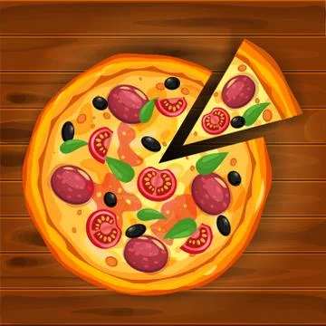 Pizza and slice triangle with different ingredients tomato, cheese, olive Stock Illustration