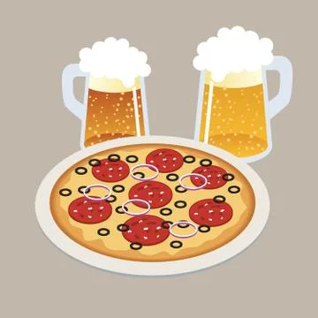 Pizza and two draft, beers in isometric 3d style Tasty pizza on the plate. Bar Stock Illustration