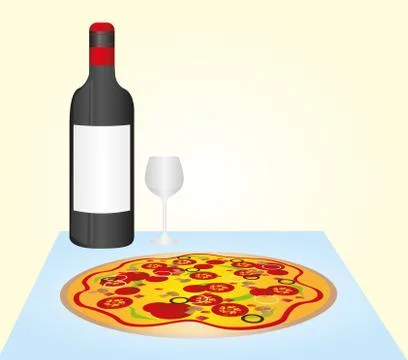 Pizza and wine bottle and cup over blue table background. vector Ilustração Stock