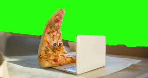 Pizza animated character with eyes using laptop, notebook. Green screen Stock Footage 235948289