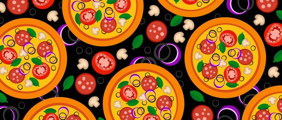 Pizza backdrop. Whole pizza pattern on black background. Fast food cover. Vector Stock Illustration