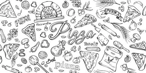 Pizza Background in Doodle Style. horizontal Hand drawn sketch . set vector.. Stockillustratie