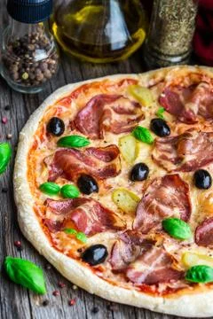 Pizza with bacon Stock Photos