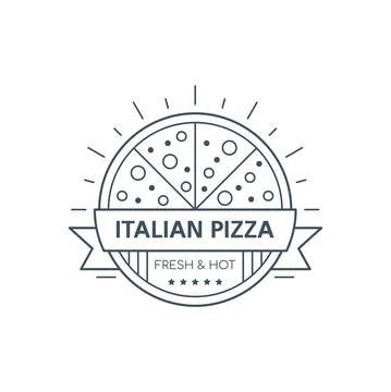 Pizza badge design, vector line art illustration Stock Illustration