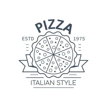 Pizza badge design, vector line art illustration Stock Illustration
