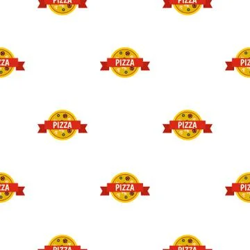 Pizza badge with red ribbon pattern flat Stock Illustration