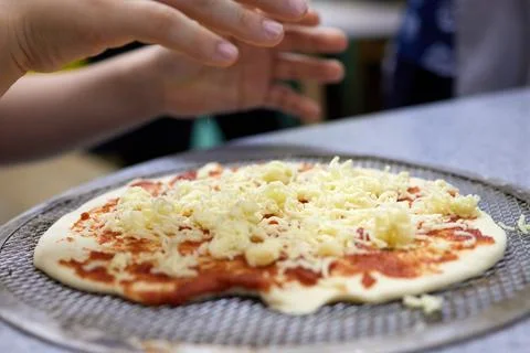 Pizza baking master class for children. Children's birthday. Stock Photos