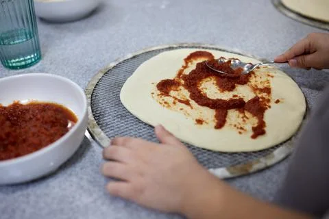 Pizza baking master class for children. Children's birthday. Stock Photos