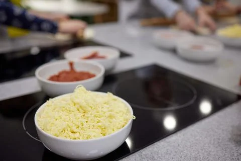 Pizza baking master class for children. Children's birthday. Stock Photos