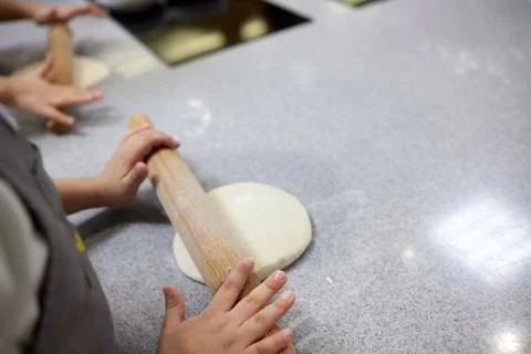Pizza baking master class for children. Children's birthday. Stock Photos