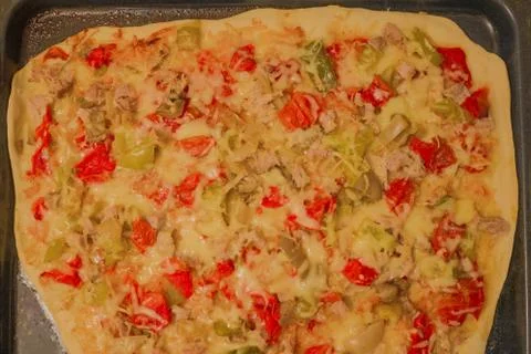 Pizza on a baking sheet. Stock Photos