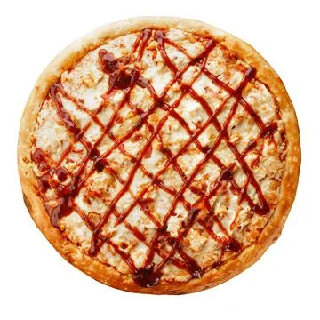 Pizza with barbecue sauce top view isolated on a white background. Stock Photos