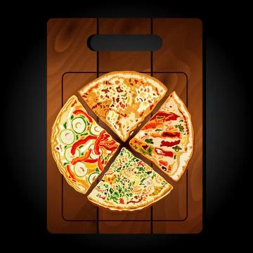 Pizza on the board on a black background Stock Illustration