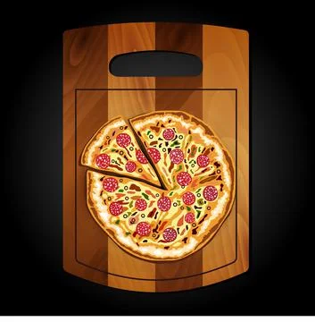 Pizza on the board on a black background Stock Illustration