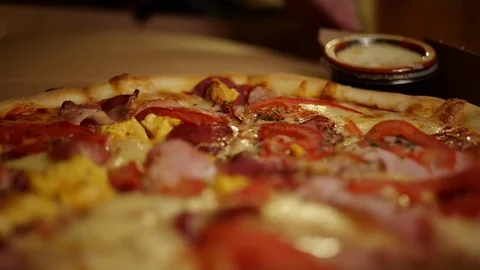 Pizza in a box close-up delivery slowmo Stock Footage 127528853