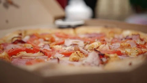 Pizza in a box close-up delivery slowmo Stock Footage 127541766