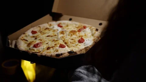 Pizza in a box close-up delivery slowmo Stock Footage 127541831