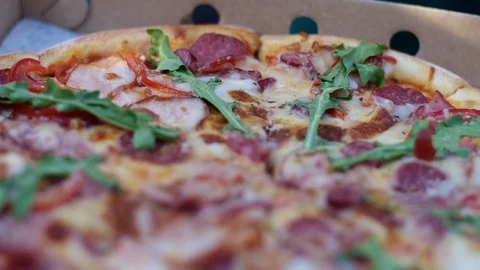 Pizza in a box close-up delivery slowmo Stock Footage 127642585