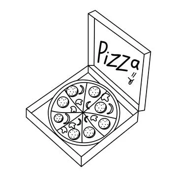 Pizza box icon. Vector illustration of pizza in box. Hand drawn pizza. Open box Stock Illustration