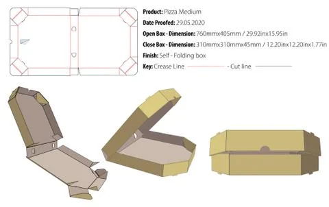 Pizza box medium packaging template self lock die cut vector 1-eps Stock Illustration