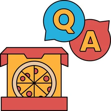 A pizza box with a pizza inside and a Q and A box above it Ilustração Stock