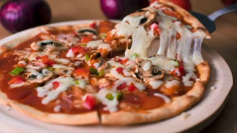 Pizza in a box on the table. Dolly slider extreme close-up. Home party. Top view Stock-Footage 336586647